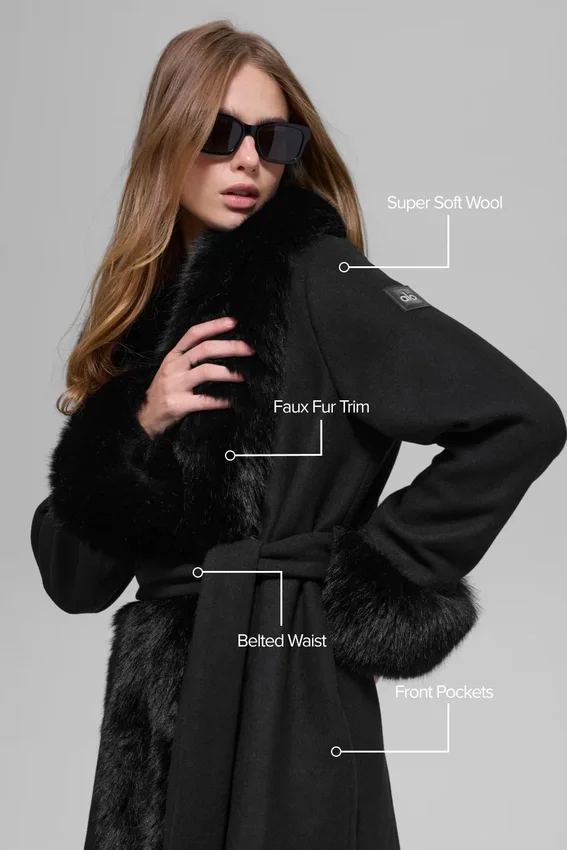 Cappotto lungo con bordi in pelliccia sintetica - Nero