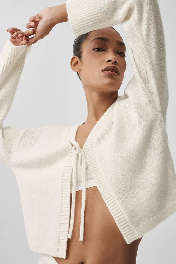 Cardigan con collo a cravatta New Class in misto lana e cashmere - Avorio