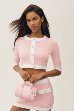 Cardigan corto Capri Dream in cotone e cashmere - Rosa sole/Bianco