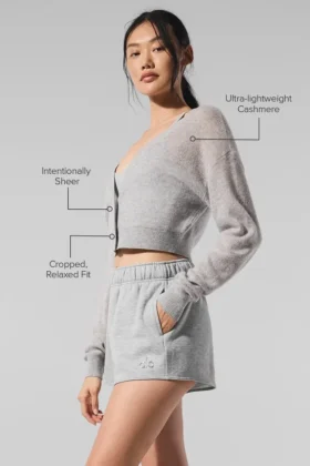 Cardigan corto in cashmere trasparente – Grigio melange sportivo