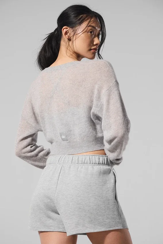 Cardigan corto in cashmere trasparente - Grigio melange sportivo