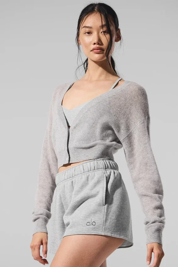 Cardigan corto in cashmere trasparente - Grigio melange sportivo