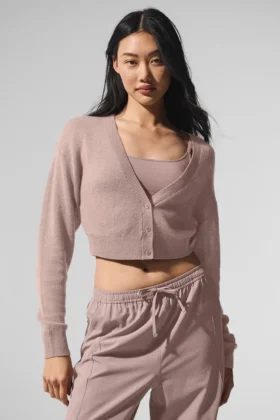 Cardigan corto in cashmere trasparente - Taupe