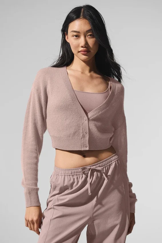 Cardigan corto in cashmere trasparente - Taupe