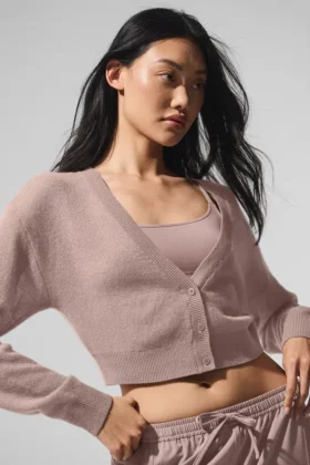 Cardigan corto in cashmere trasparente – Taupe