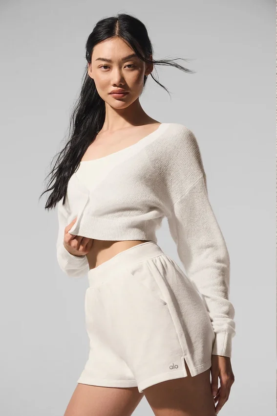 Cardigan corto in cashmere velato - Avorio