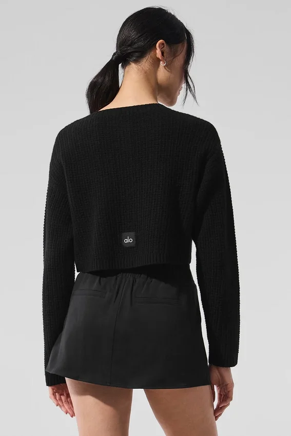 Cardigan in cashmere a trama waffle - Nero