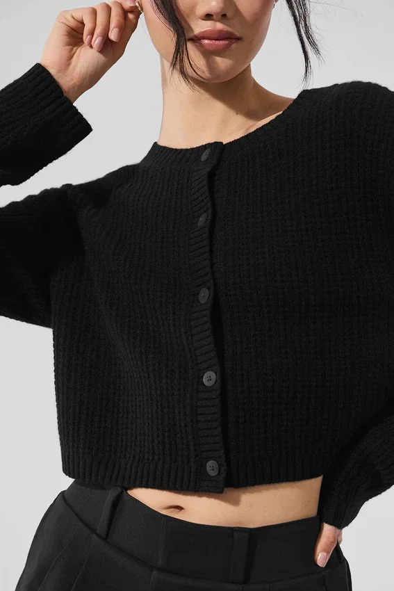 Cardigan in cashmere a trama waffle - Nero