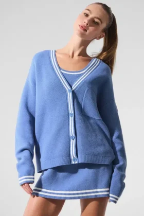 Cardigan in maglia Tennis Club - Blu cristallino/Bianco