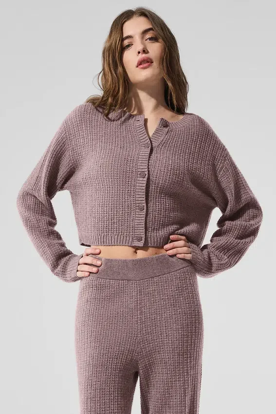 Cardigan in morbido cashmere a trama a nido d’ape - Grigio fungo melange