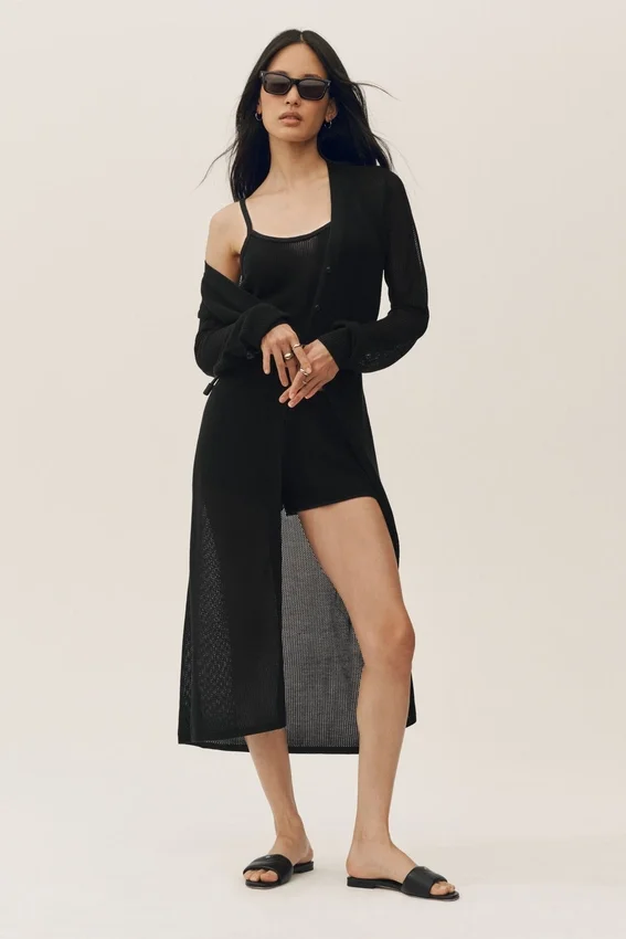 Cardigan lungo Heatwave in seta e cashmere - Nero