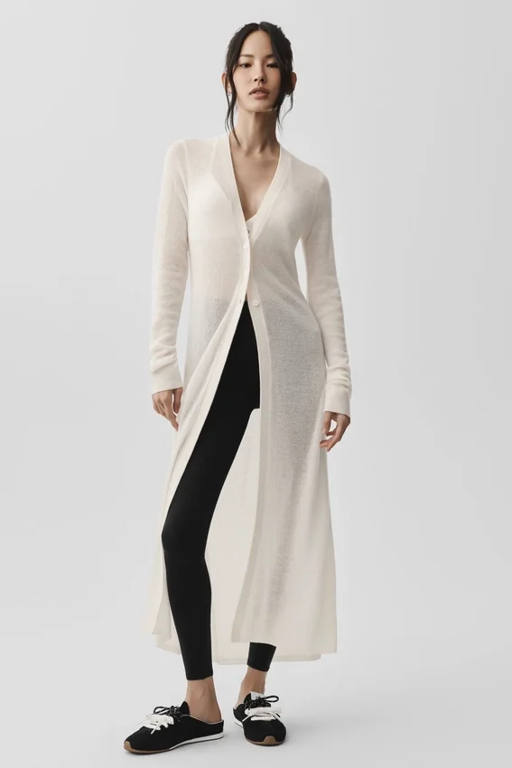 Cardigan lungo in cashmere trasparente - Avorio