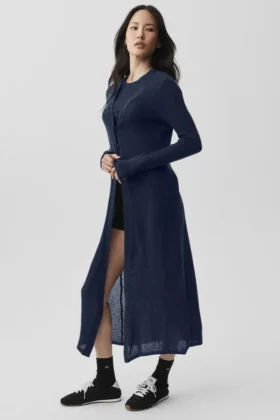 Cardigan lungo in cashmere trasparente - Blu navy