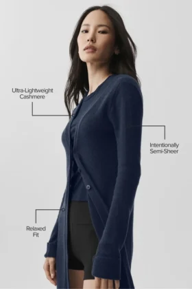 Cardigan lungo in cashmere trasparente – Blu navy