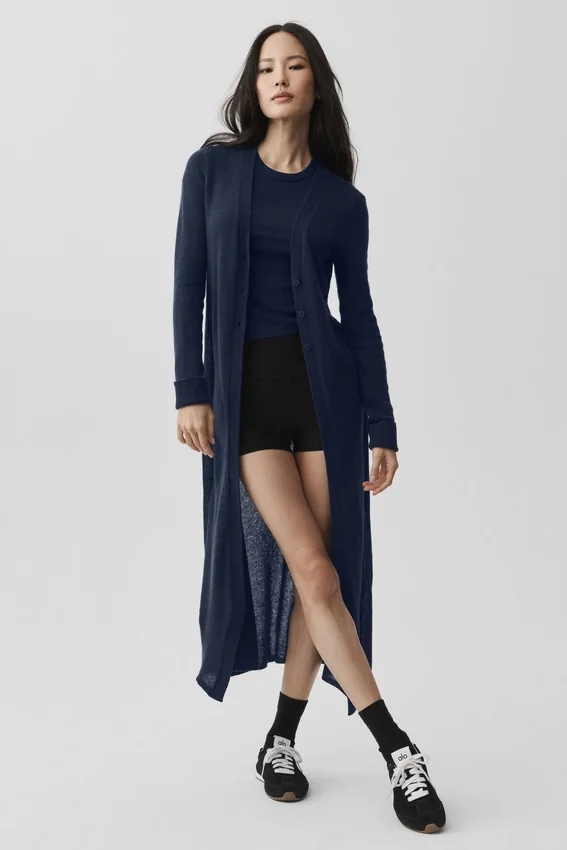 Cardigan lungo in cashmere trasparente - Blu navy