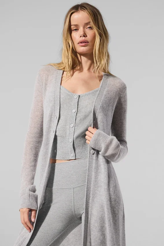 Cardigan lungo in cashmere trasparente - Grigio melange atletico
