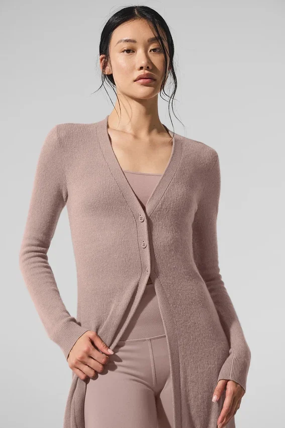 Cardigan lungo in cashmere trasparente - Grigio talpa