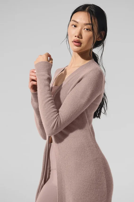 Cardigan lungo in cashmere trasparente - Grigio talpa