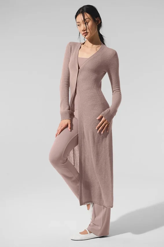 Cardigan lungo in cashmere trasparente - Grigio talpa