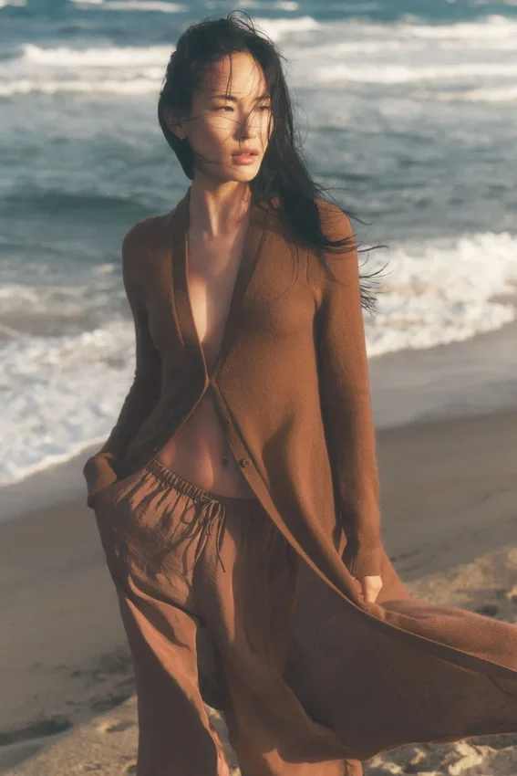 Cardigan lungo in cashmere trasparente - Marrone baciato dal sole