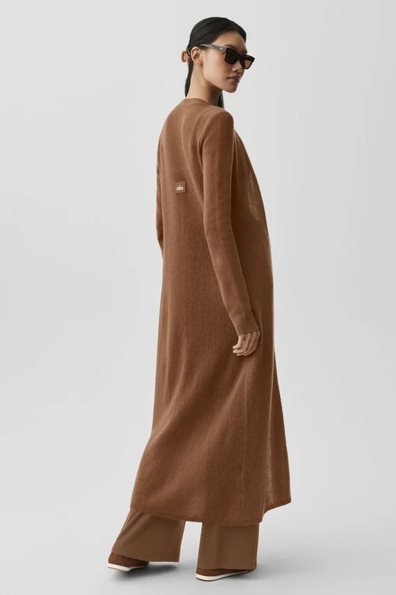 Cardigan lungo in cashmere trasparente - Marrone baciato dal sole