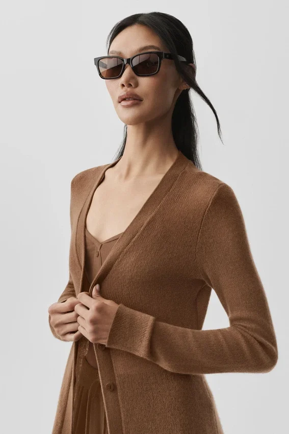 Cardigan lungo in cashmere trasparente - Marrone baciato dal sole