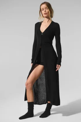 Cardigan lungo in cashmere trasparente - Nero