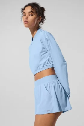 Copricostume corto e leggero con zip integrale - Blu conchiglia