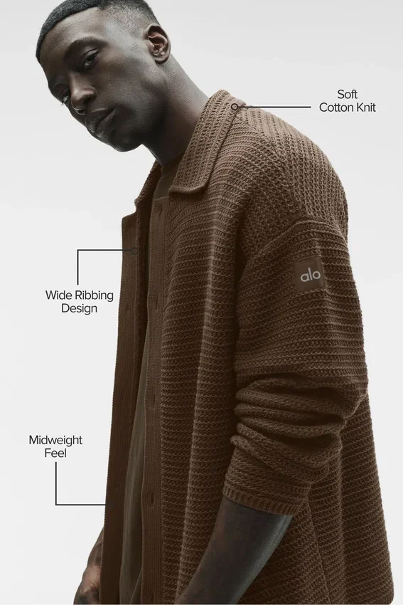 Felpa a maniche lunghe con colletto a V e abbottonatura - Espresso