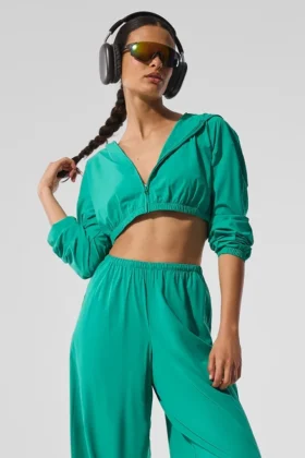 Felpa con cappuccio corta Breezy con zip integrale - Verde abete