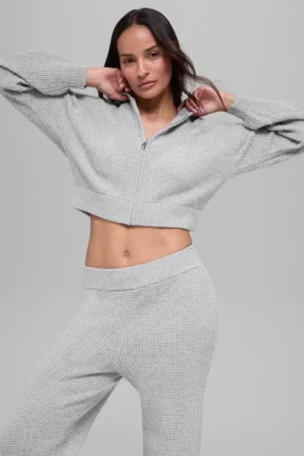 Felpa con cappuccio e zip integrale in cashmere a trama waffle - Grigio melange sportivo