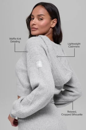 Felpa con cappuccio e zip integrale in cashmere a trama waffle – Grigio melange sportivo