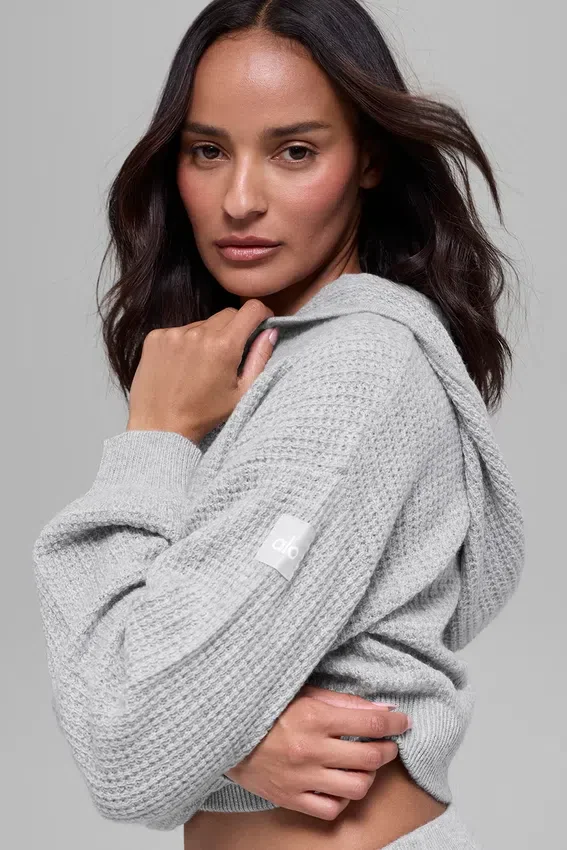 Felpa con cappuccio e zip integrale in cashmere a trama waffle - Grigio melange sportivo