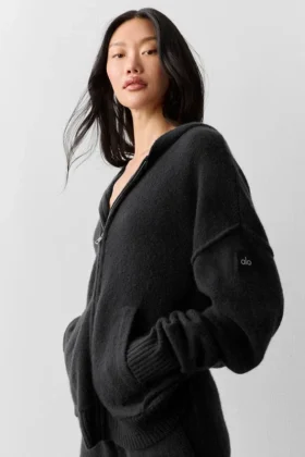 Felpa con cappuccio e zip integrale in lana e cashmere della linea New Class – Nero