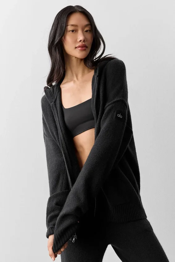Felpa con cappuccio e zip integrale in lana e cashmere della linea New Class - Nero