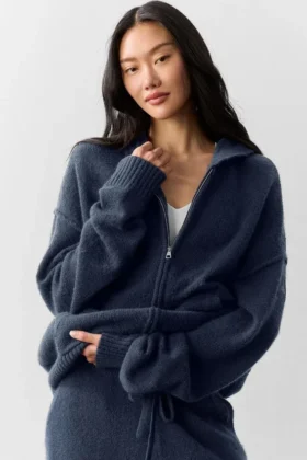 Felpa con cappuccio e zip integrale New Class in misto lana e cashmere - Blu navy