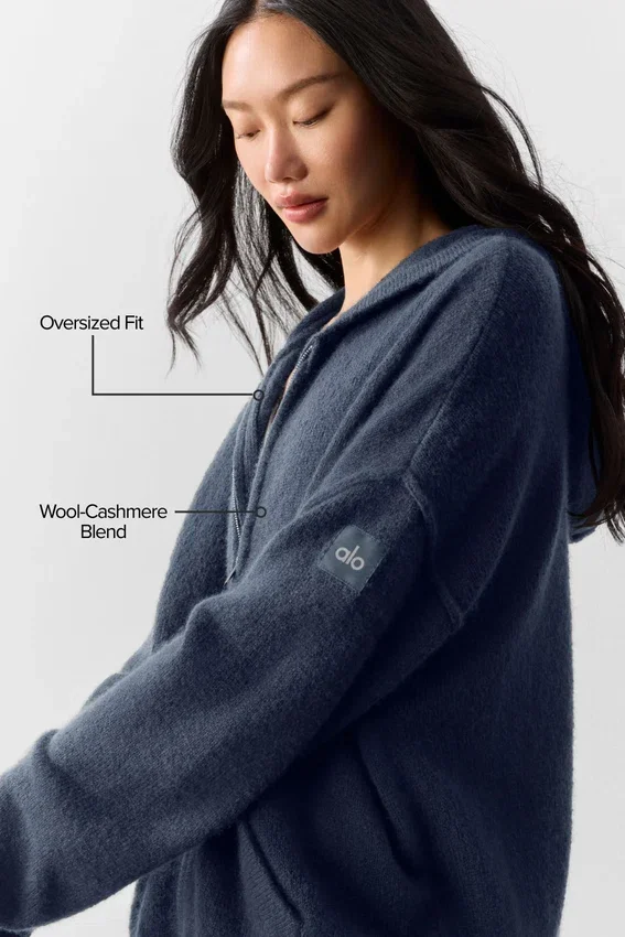 Felpa con cappuccio e zip integrale New Class in misto lana e cashmere - Blu navy