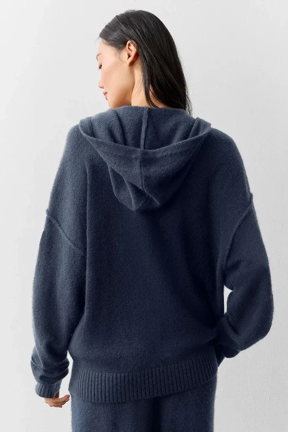 Felpa con cappuccio e zip integrale New Class in misto lana e cashmere - Blu navy