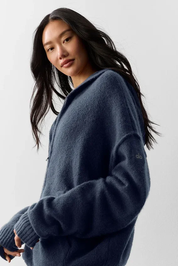 Felpa con cappuccio e zip integrale New Class in misto lana e cashmere - Blu navy