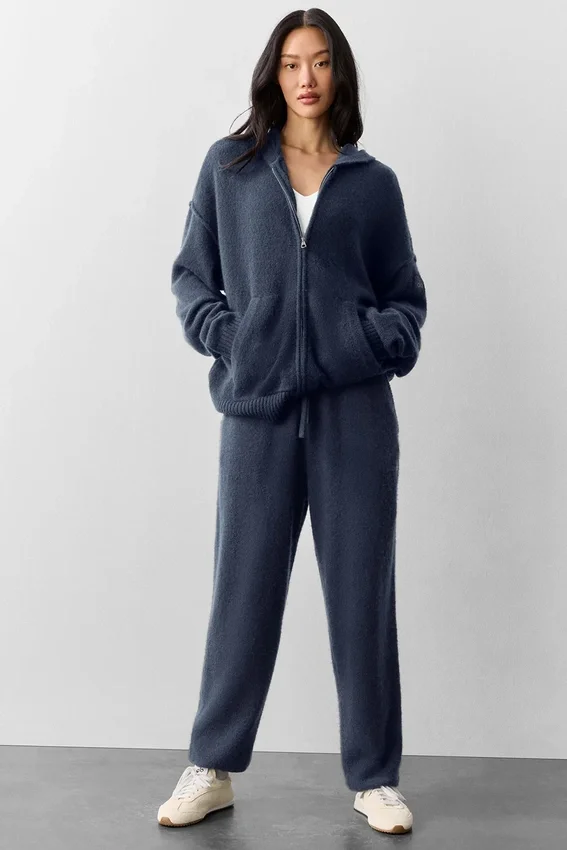 Felpa con cappuccio e zip integrale New Class in misto lana e cashmere - Blu navy