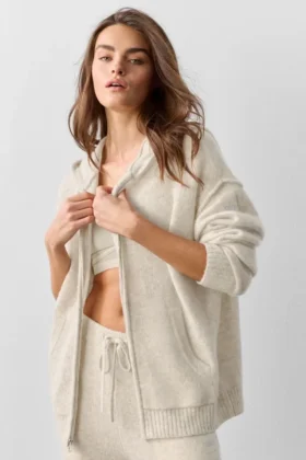 Felpa con cappuccio e zip integrale New Class in misto lana e cashmere – Grigio avena melange