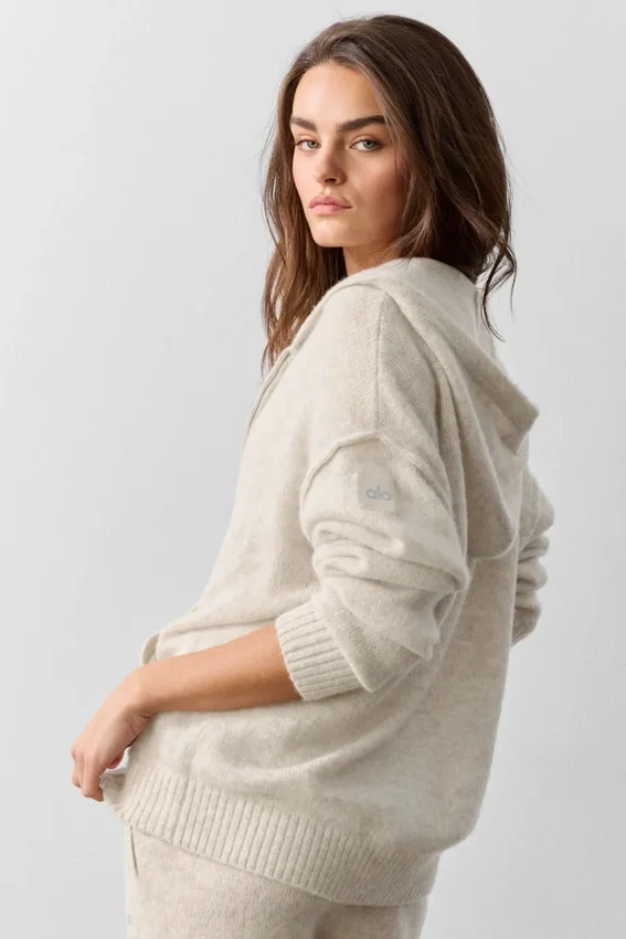 Felpa con cappuccio e zip integrale New Class in misto lana e cashmere - Grigio avena melange