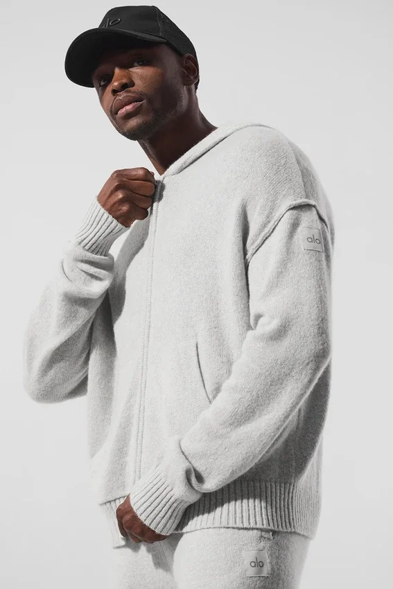 Felpa con cappuccio e zip integrale New Class in misto lana e cashmere - Grigio perla melange
