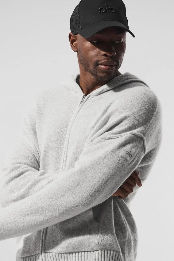 Felpa con cappuccio e zip integrale New Class in misto lana e cashmere - Grigio perla melange