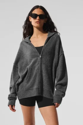 Felpa con cappuccio e zip integrale New Class in misto lana e cashmere - Grigio platino