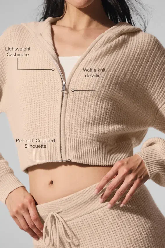 Felpa con cappuccio in cashmere a trama waffle con zip integrale - Macadamia Blush