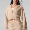 Felpa con cappuccio in cashmere a trama waffle con zip integrale - Macadamia Blush
