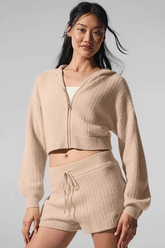 Felpa con cappuccio in cashmere a trama waffle con zip integrale - Macadamia Blush