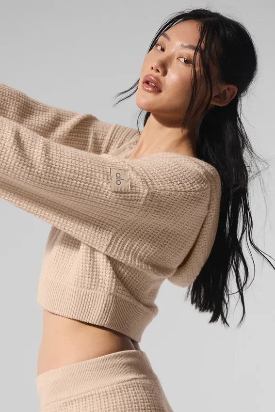 Felpa con cappuccio in cashmere a trama waffle con zip integrale - Macadamia Blush