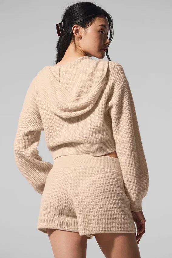 Felpa con cappuccio in cashmere a trama waffle con zip integrale - Macadamia Blush